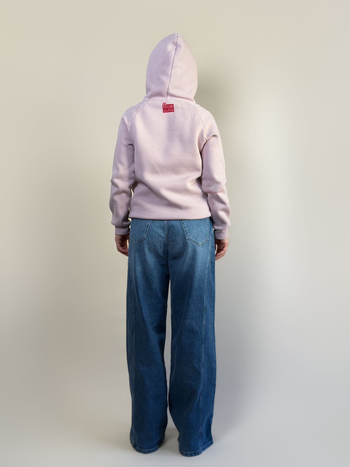 Back view of the Northern Bird Song | Painted blush-pink hoodie by HANDLURIA.