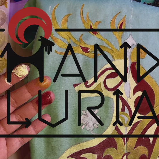 Hand-painting process of the Fireborne Stag dress by HANDLURIA.